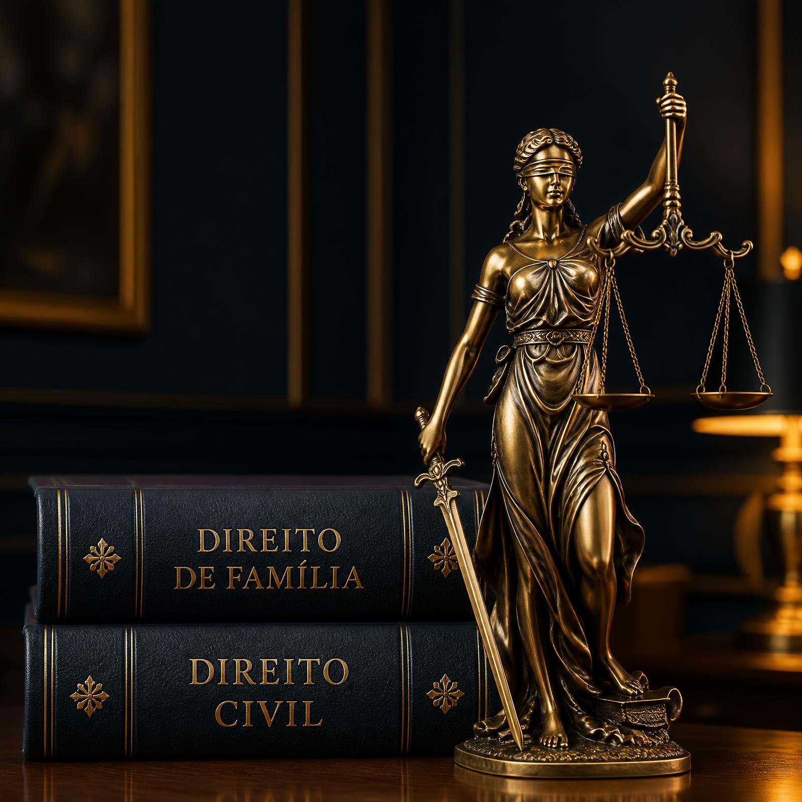 Estátua da Justiça com livros de Direito de Família e Direito Civil