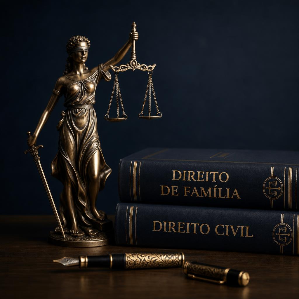 Estátua da Justiça com livros de Direito de Família e Direito Civil